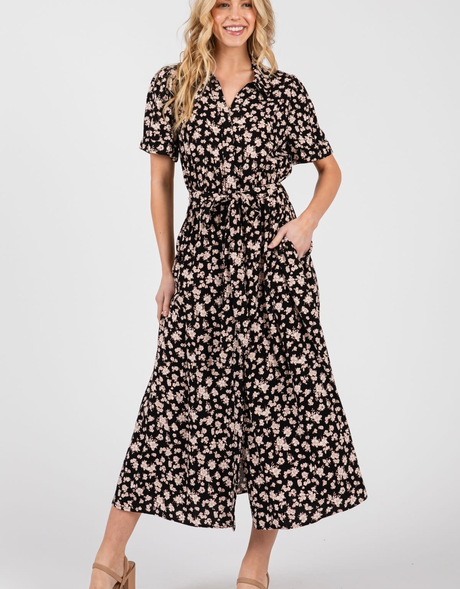 Miss Bliss Cal Clr Nck Floral Midi Dress W / Waist Tie-Black/Taupe