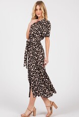 Miss Bliss Cal Clr Nck Floral Midi Dress W / Waist Tie-Black/Taupe