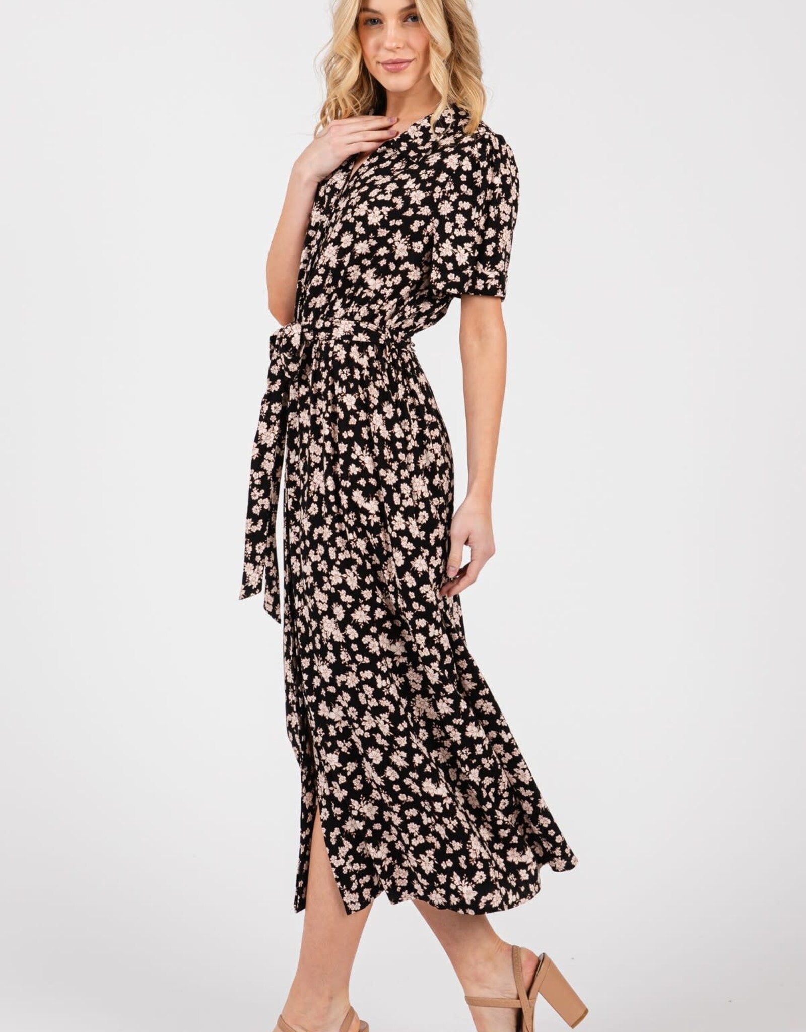 Miss Bliss Cal Clr Nck Floral Midi Dress W / Waist Tie-Black/Taupe
