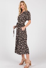 Miss Bliss Cal Clr Nck Floral Midi Dress W / Waist Tie-Black/Taupe
