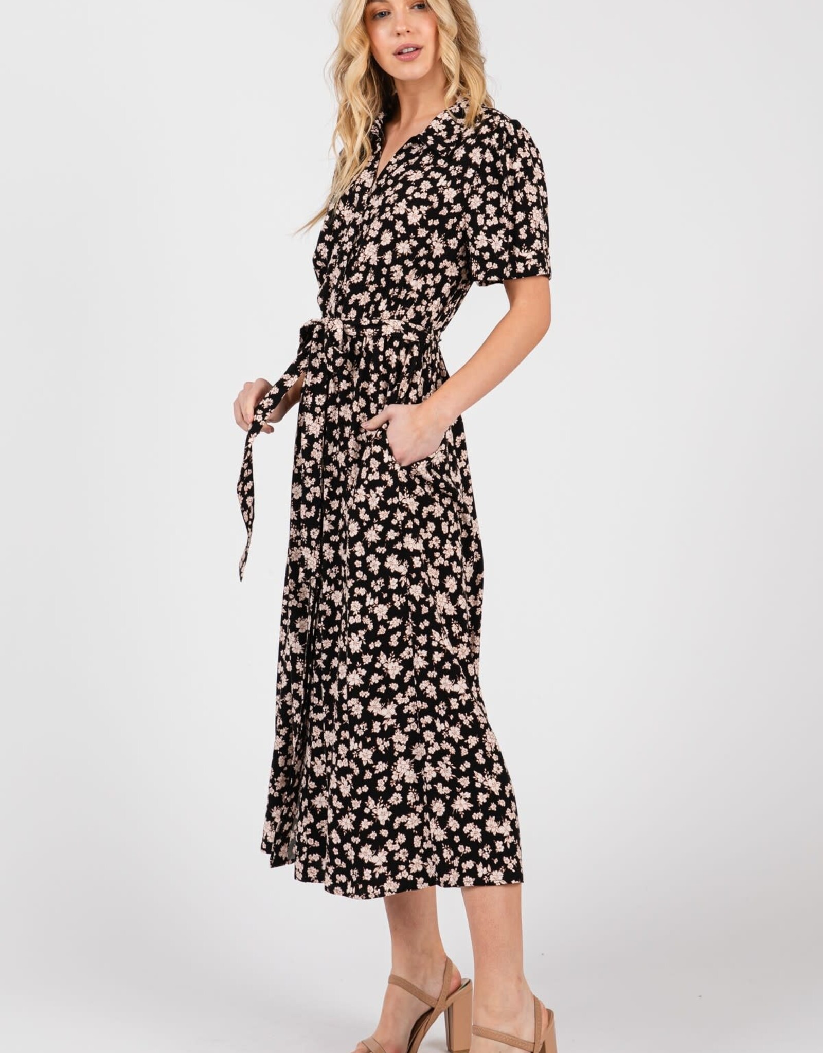 Miss Bliss Cal Clr Nck Floral Midi Dress W / Waist Tie-Black/Taupe