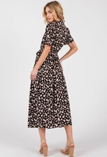Miss Bliss Cal Clr Nck Floral Midi Dress W / Waist Tie-Black/Taupe