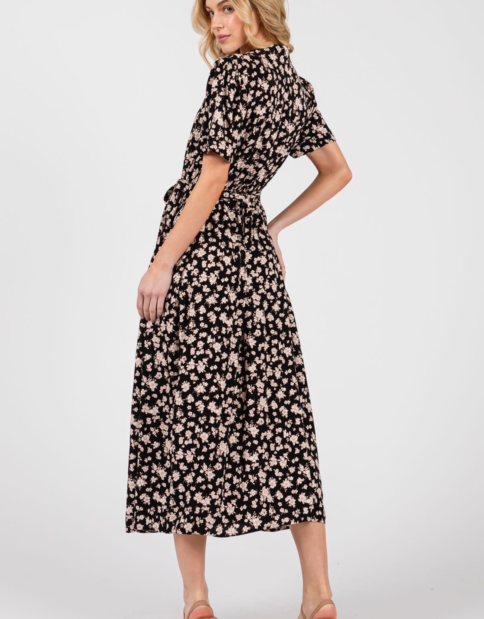 Miss Bliss Cal Clr Nck Floral Midi Dress W / Waist Tie-Black/Taupe