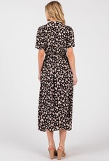 Miss Bliss Cal Clr Nck Floral Midi Dress W / Waist Tie-Black/Taupe