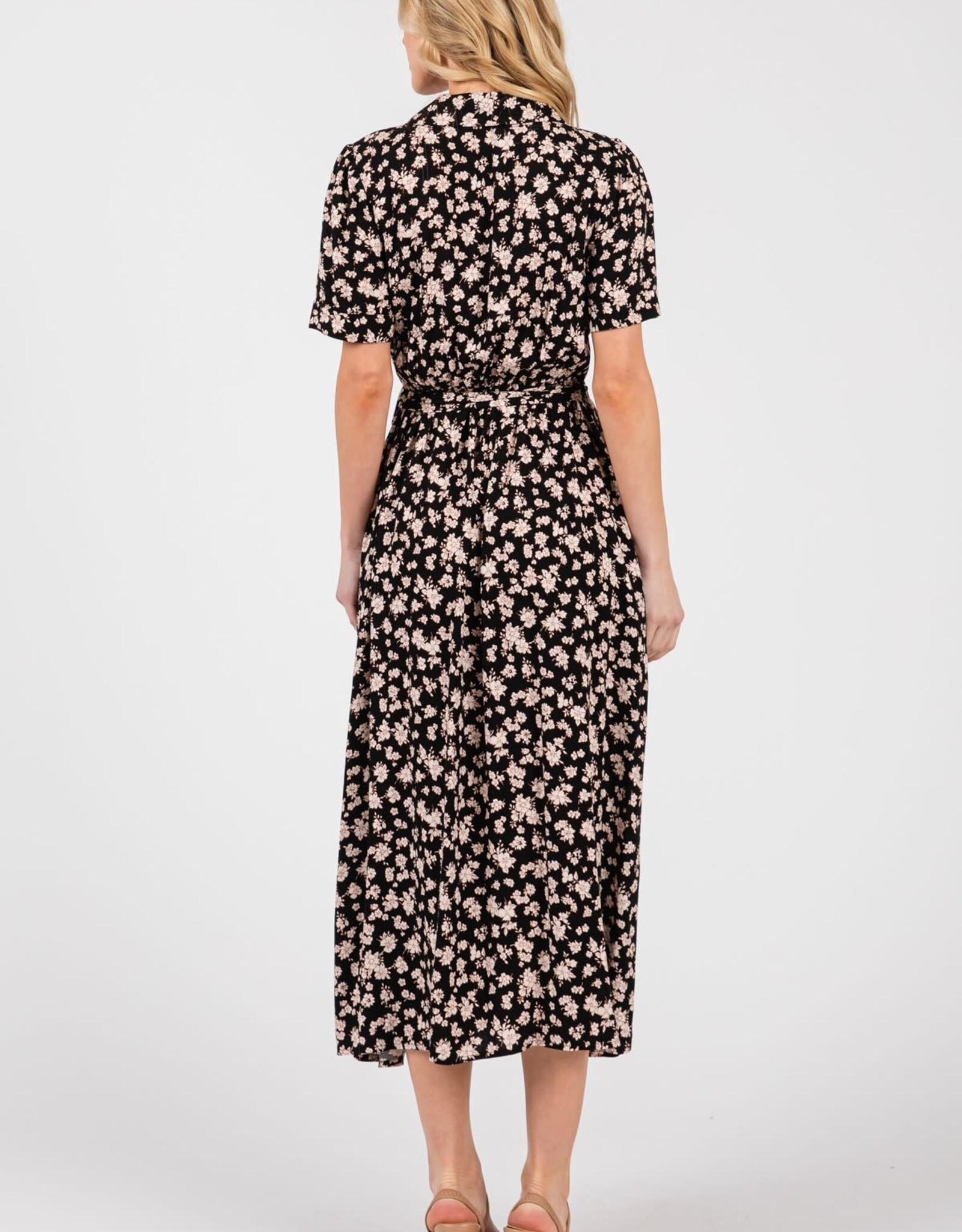 Miss Bliss Cal Clr Nck Floral Midi Dress W / Waist Tie-Black/Taupe