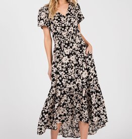 Miss Bliss Falling 4 Florals Midi Dress -Black&Taupe