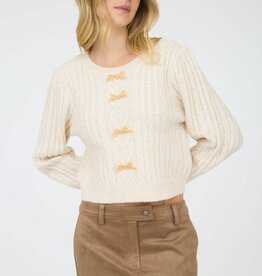 Miss Bliss Cable Knit Front Velvet Bow Detail Knit Sweater-Cream