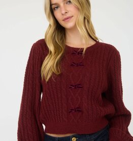 Miss Bliss Cable Knit Front Velvet Bow Detail Knit Sweater-Burgundy
