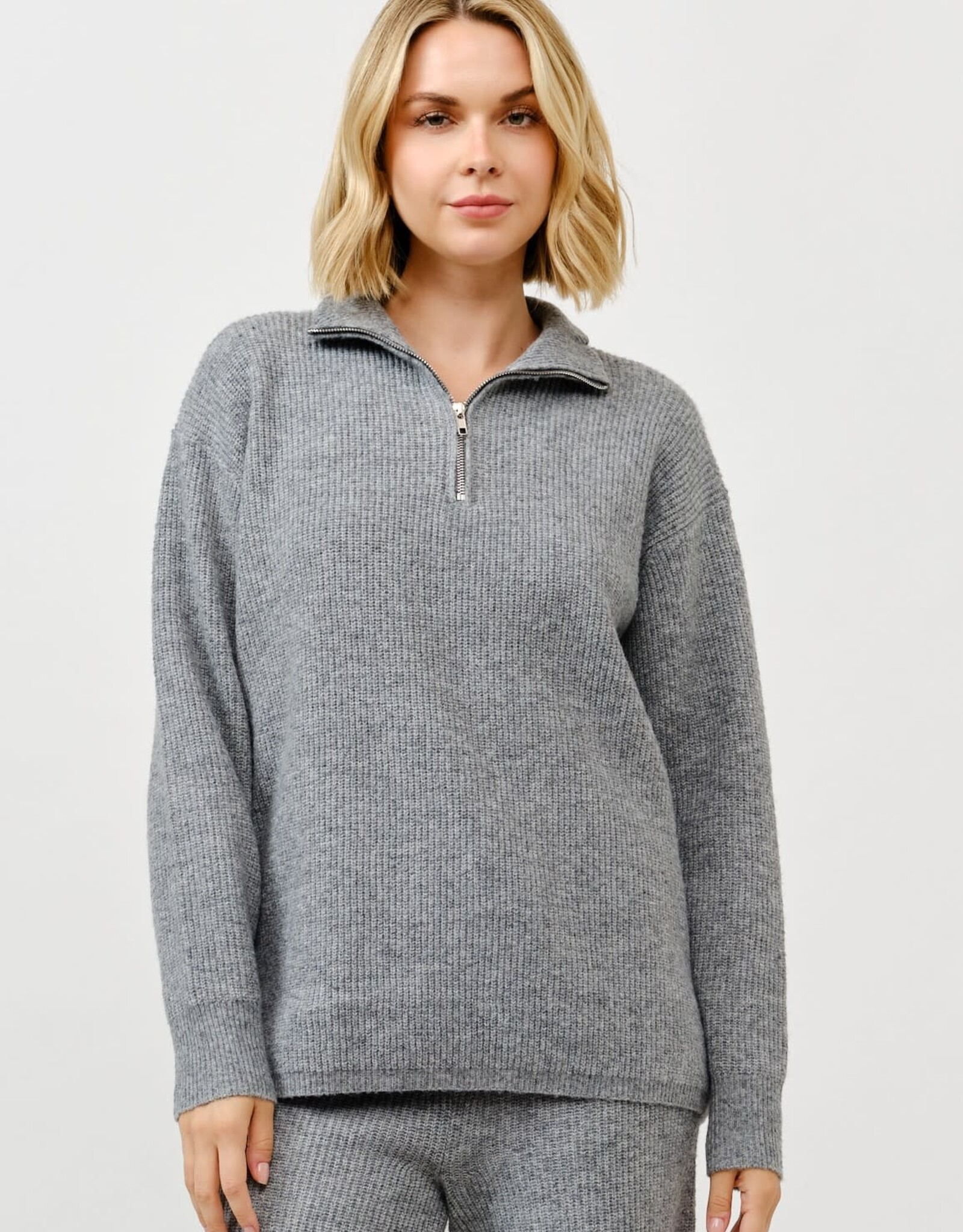 Miss Bliss Cielo Zip Up Pullover Sweater-H Grey