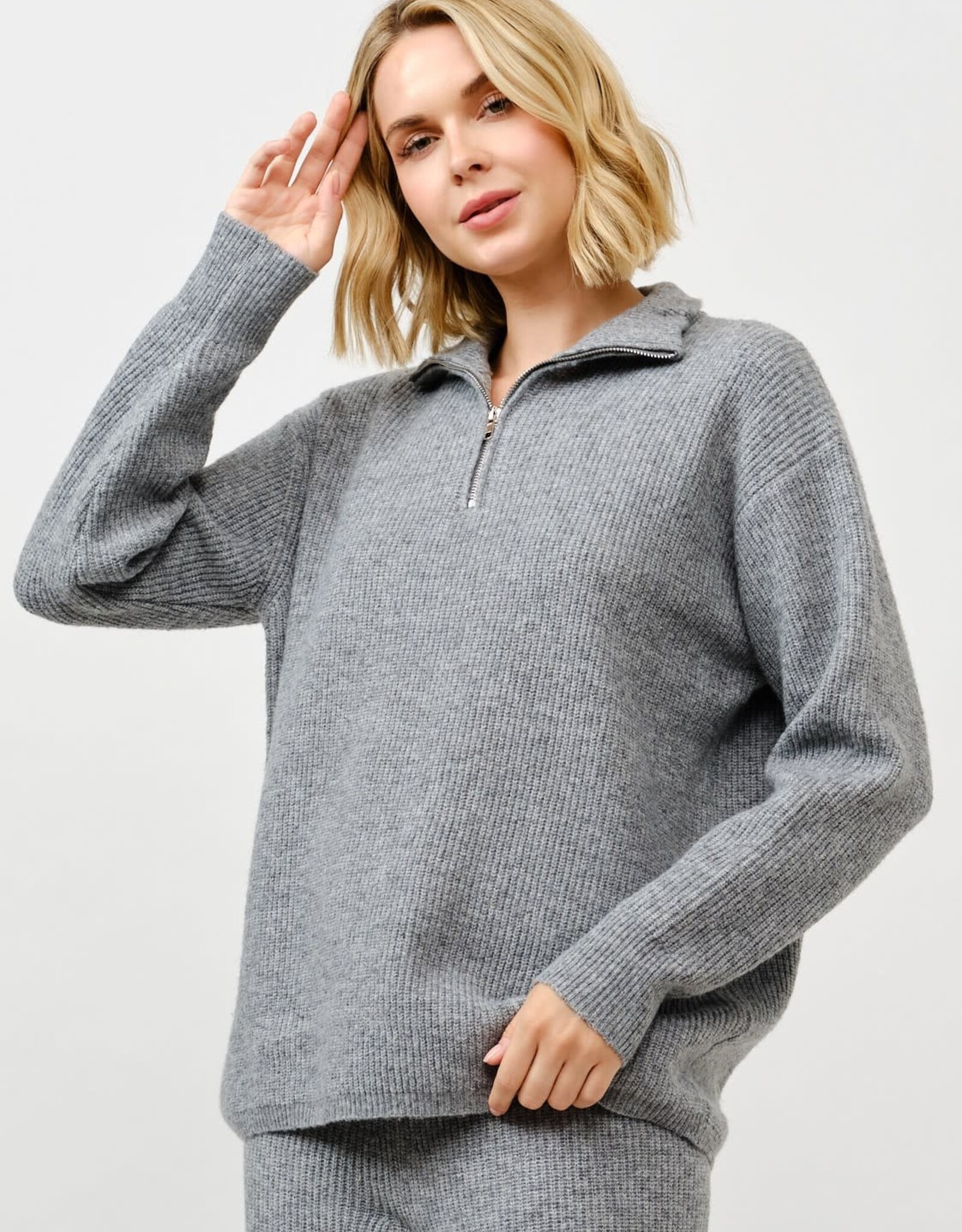 Miss Bliss Cielo Zip Up Pullover Sweater-H Grey