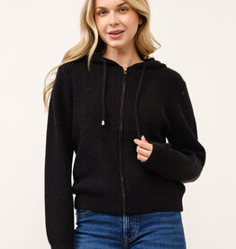 Miss Bliss Ribbed Knit Zip Up Hoodie-Black