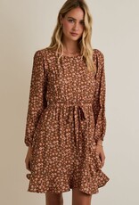 Miss Bliss Gilli R Nck Long Slv Waist Tie Disty Mini Dress-Mocha/Taupe