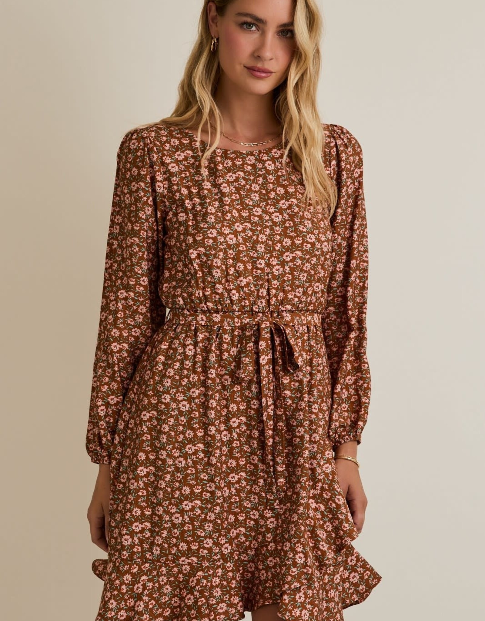 Miss Bliss Gilli R Nck Long Slv Waist Tie Disty Mini Dress-Mocha/Taupe