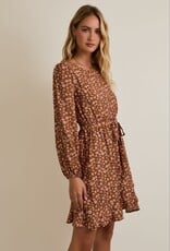 Miss Bliss Gilli R Nck Long Slv Waist Tie Disty Mini Dress-Mocha/Taupe