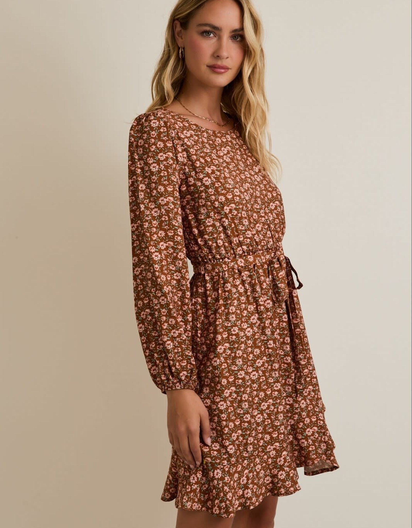 Miss Bliss Gilli R Nck Long Slv Waist Tie Disty Mini Dress-Mocha/Taupe