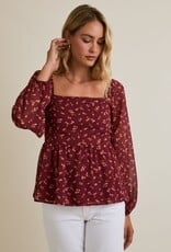 Miss Bliss Gilli Sqr Nck Puff Slv Smocked Back Ditsy Top-Burgundy