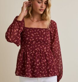 Miss Bliss Smocked Back Ditsy Top-Burgundy