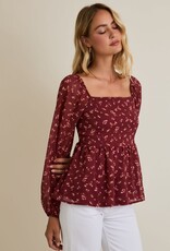 Miss Bliss Gilli Sqr Nck Puff Slv Smocked Back Ditsy Top-Burgundy