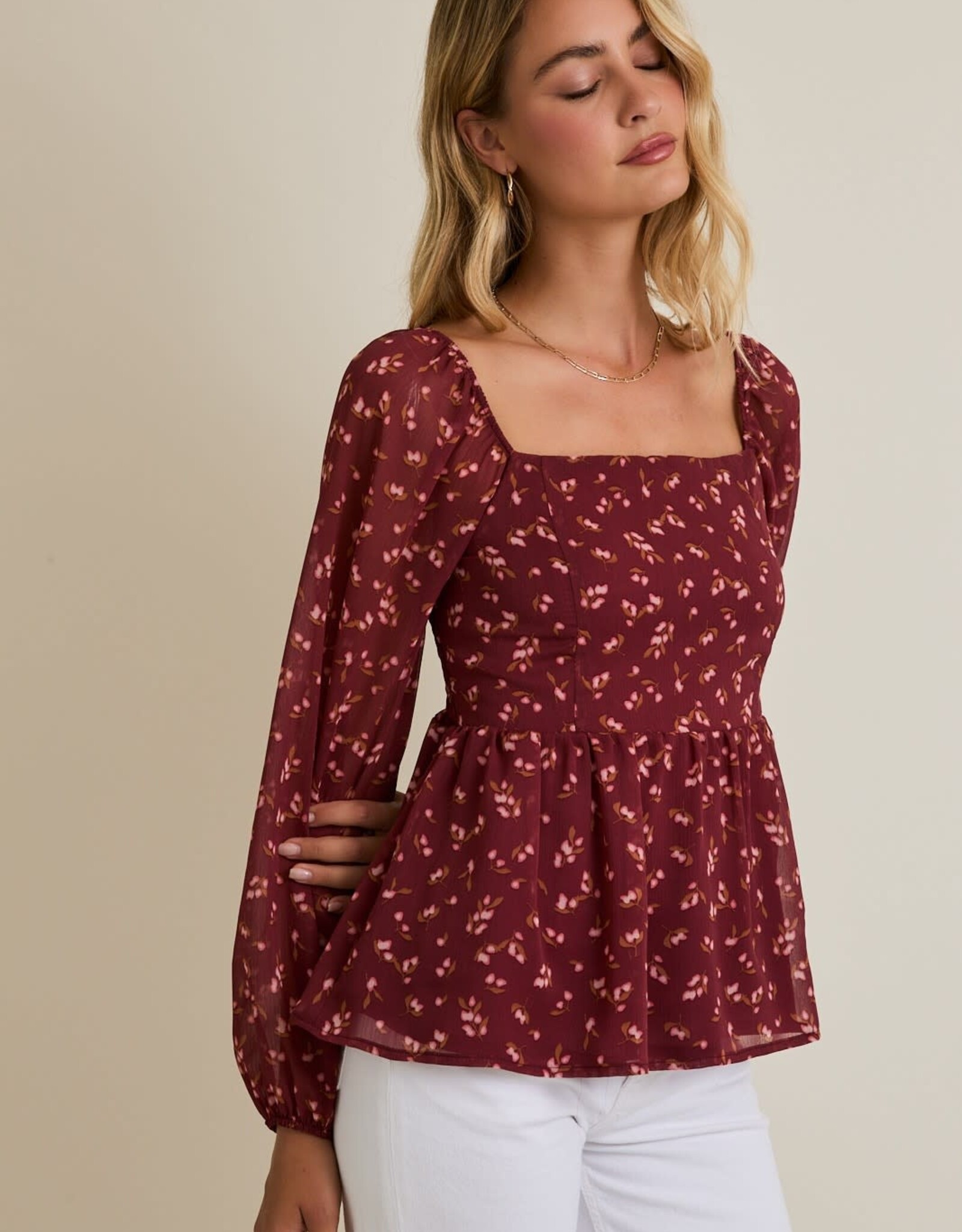 Miss Bliss Gilli Sqr Nck Puff Slv Smocked Back Ditsy Top-Burgundy