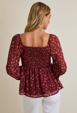 Miss Bliss Gilli Sqr Nck Puff Slv Smocked Back Ditsy Top-Burgundy