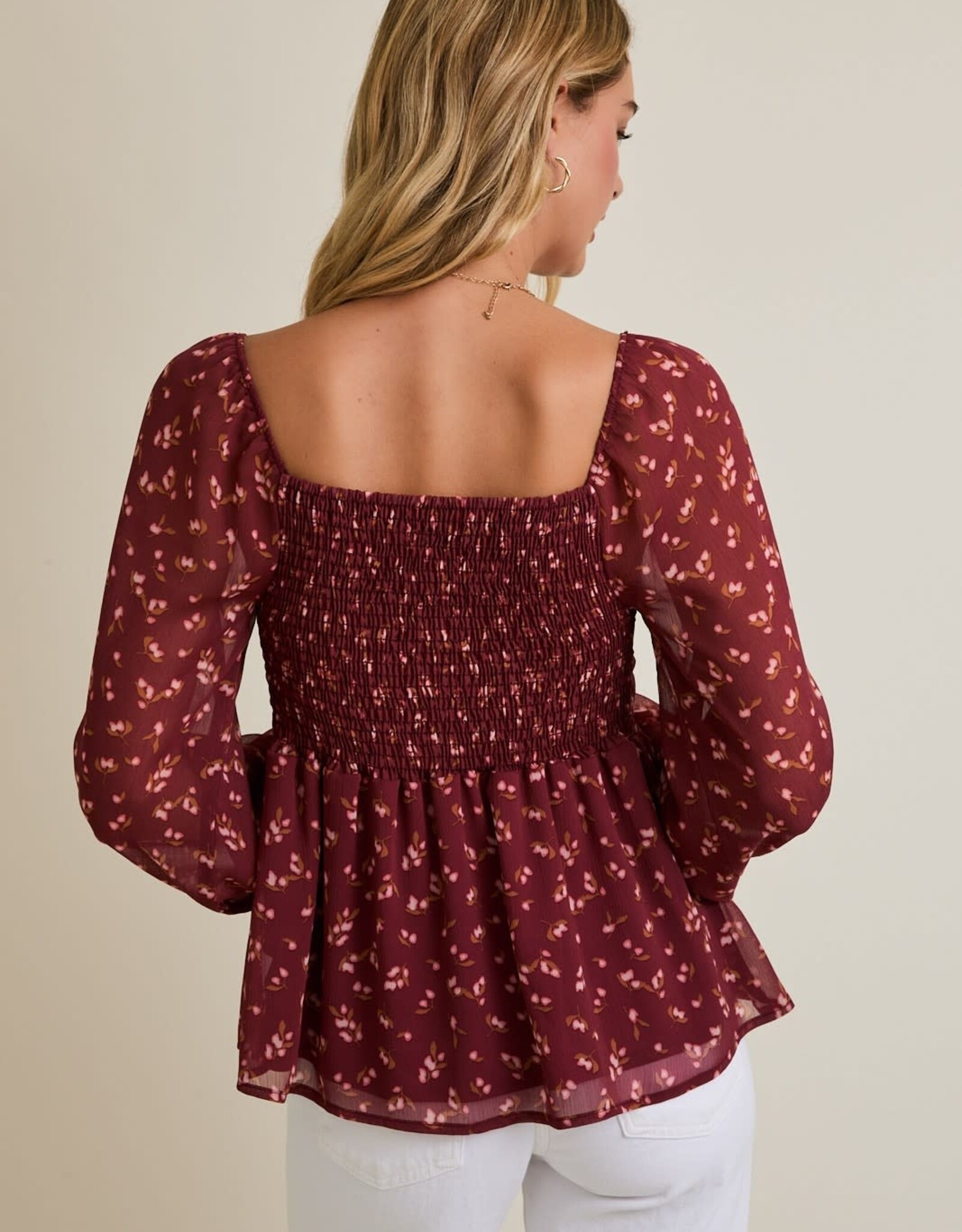 Miss Bliss Gilli Sqr Nck Puff Slv Smocked Back Ditsy Top-Burgundy