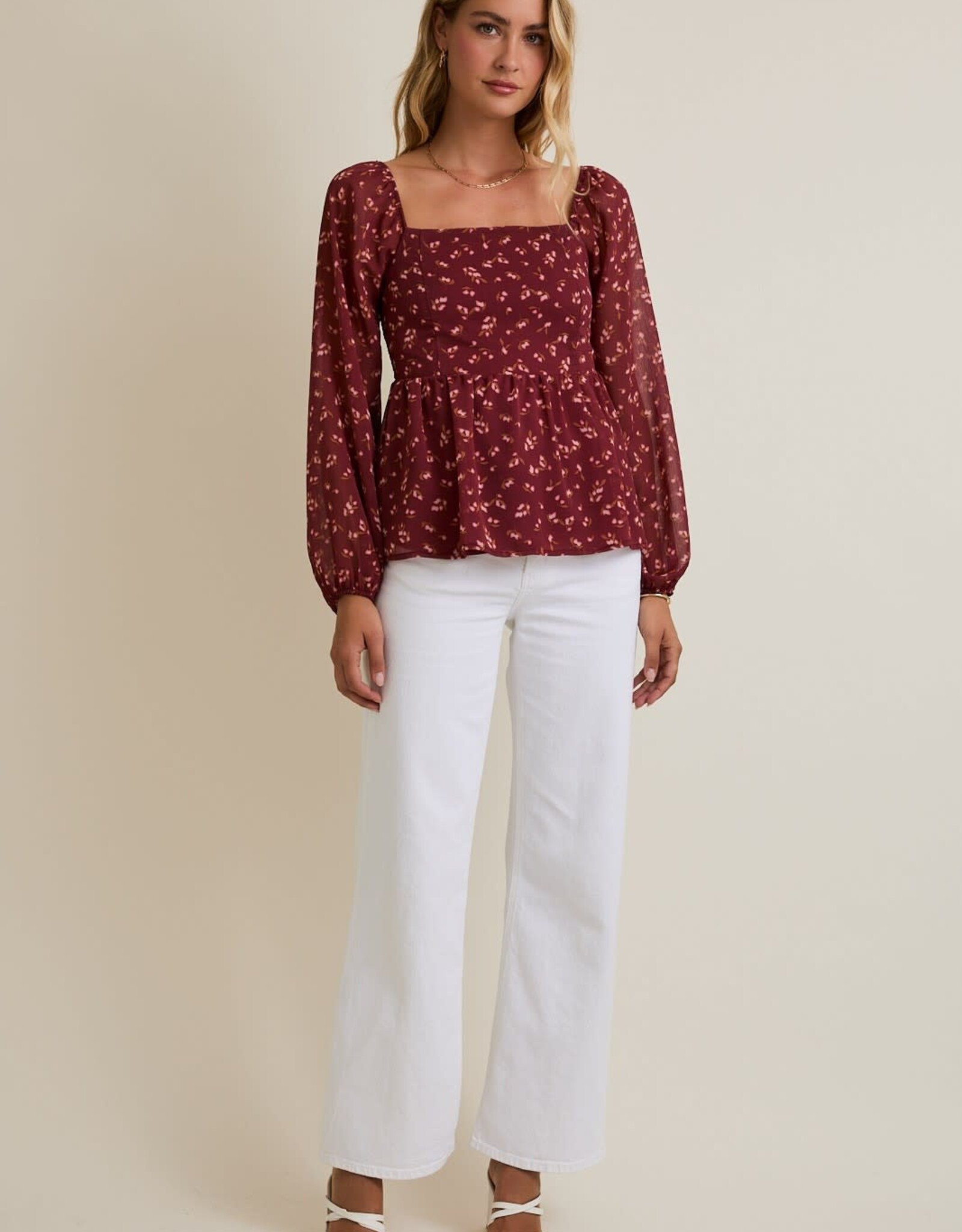 Miss Bliss Gilli Sqr Nck Puff Slv Smocked Back Ditsy Top-Burgundy