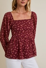 Miss Bliss Gilli Sqr Nck Puff Slv Smocked Back Ditsy Top-Burgundy