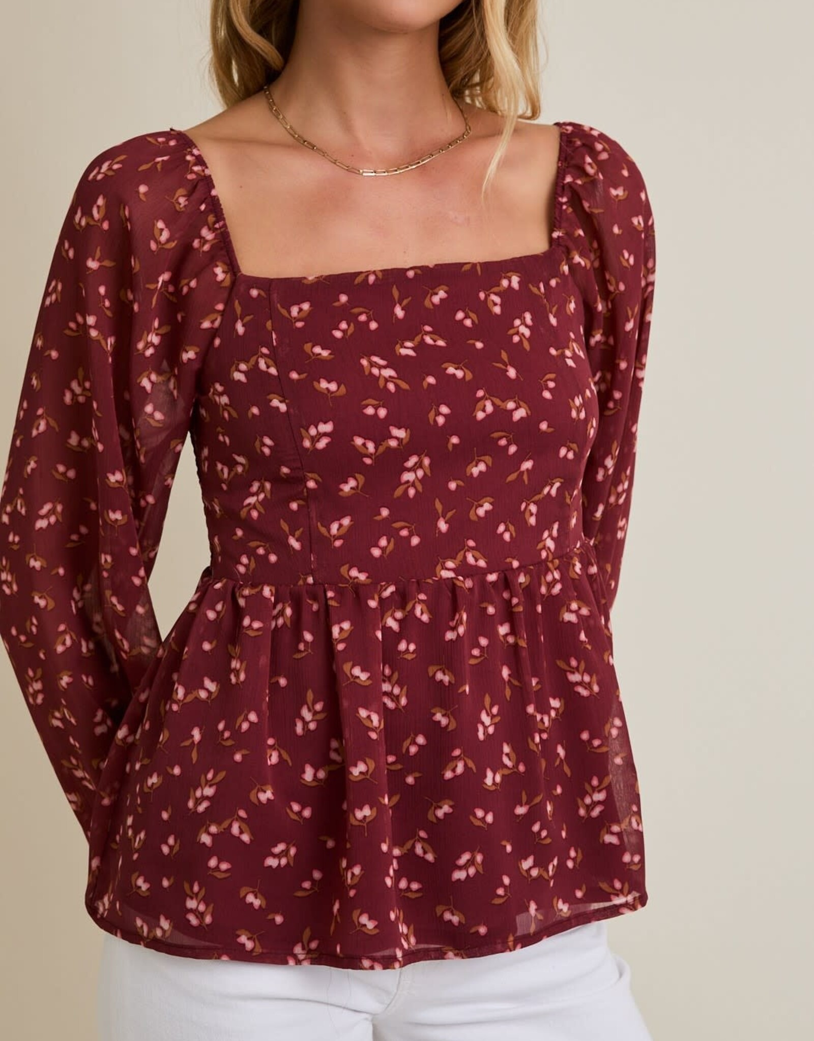 Miss Bliss Gilli Sqr Nck Puff Slv Smocked Back Ditsy Top-Burgundy