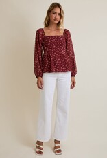Miss Bliss Gilli Sqr Nck Puff Slv Smocked Back Ditsy Top-Burgundy