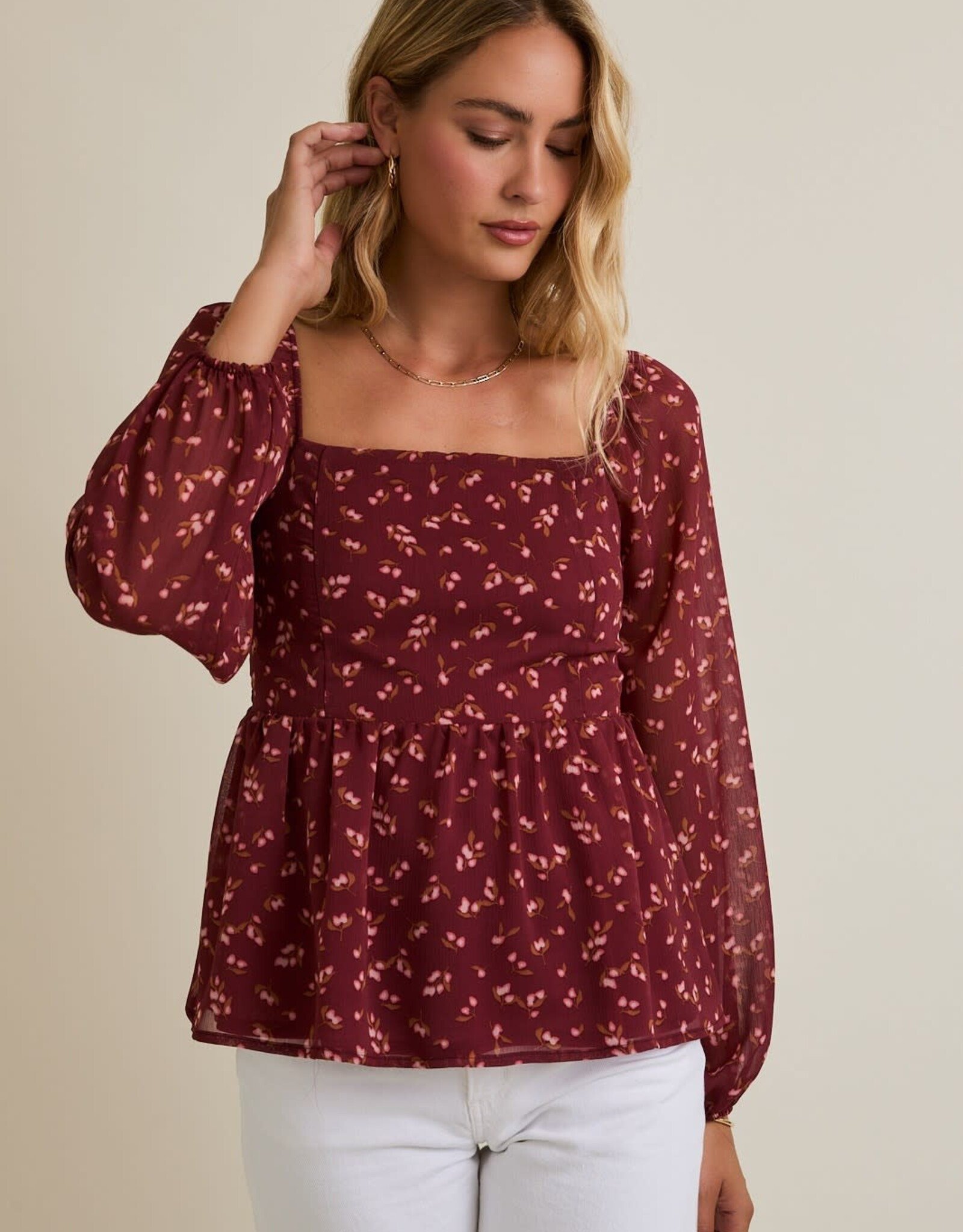 Miss Bliss Gilli Sqr Nck Puff Slv Smocked Back Ditsy Top-Burgundy