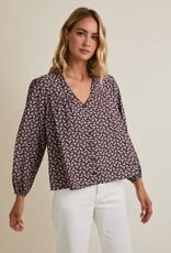 Miss Bliss Gilli Notch Nck Puff Ls Button Up Abstract Top-Brown/Ivo