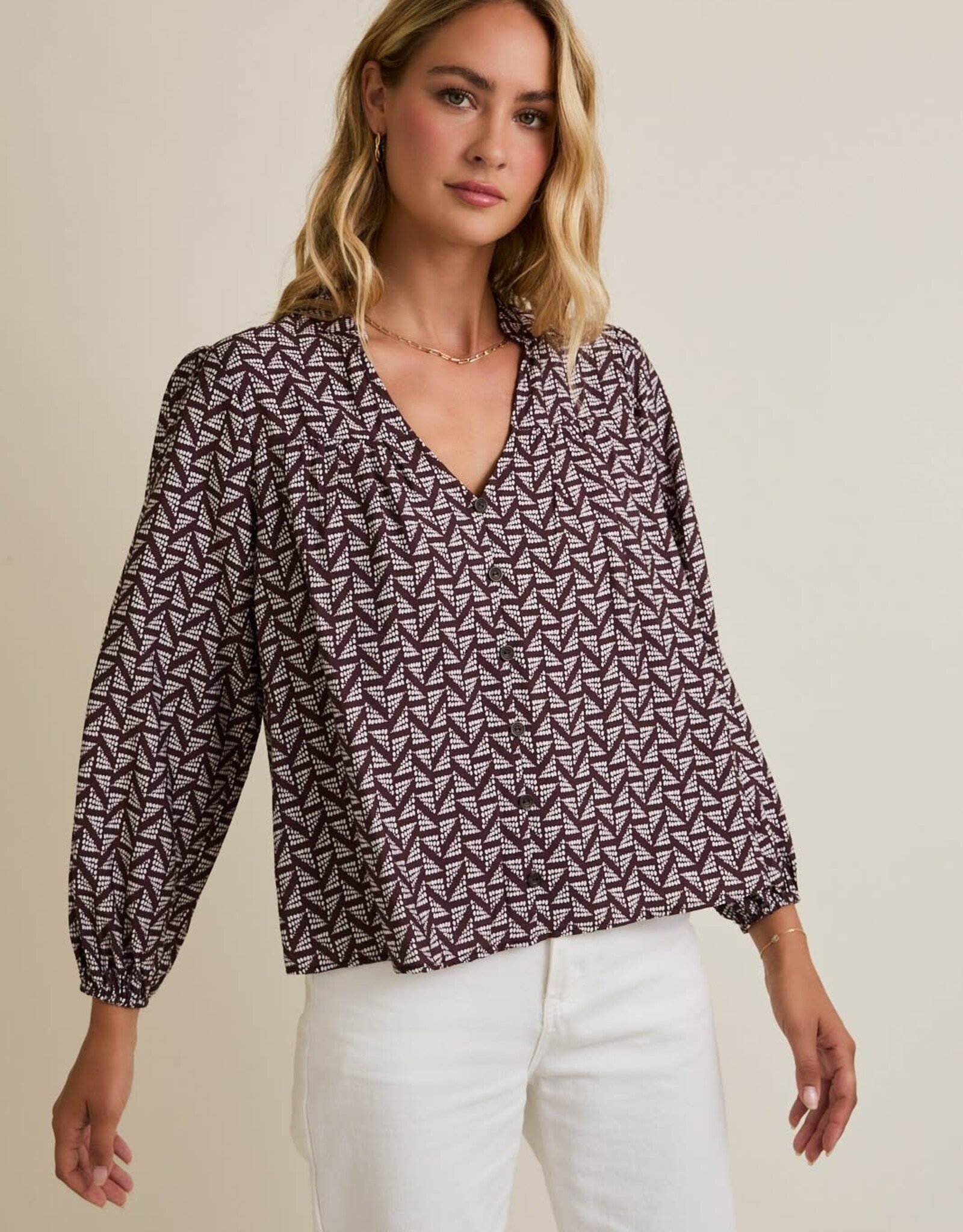 Miss Bliss Gilli Notch Nck Puff Ls Button Up Abstract Top-Brown/Ivo