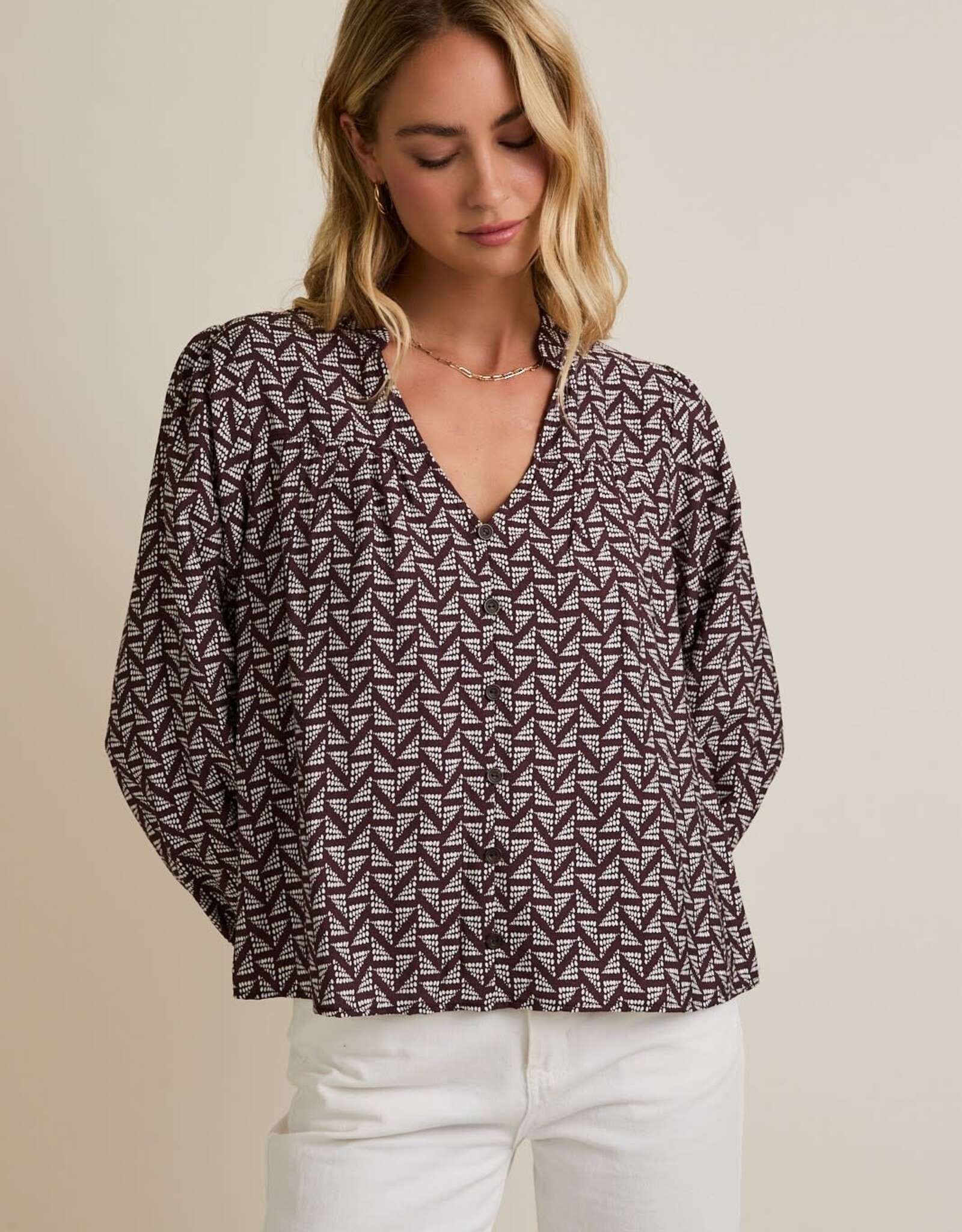 Miss Bliss Gilli Notch Nck Puff Ls Button Up Abstract Top-Brown/Ivo