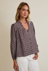 Miss Bliss Gilli Notch Nck Puff Ls Button Up Abstract Top-Brown/Ivo