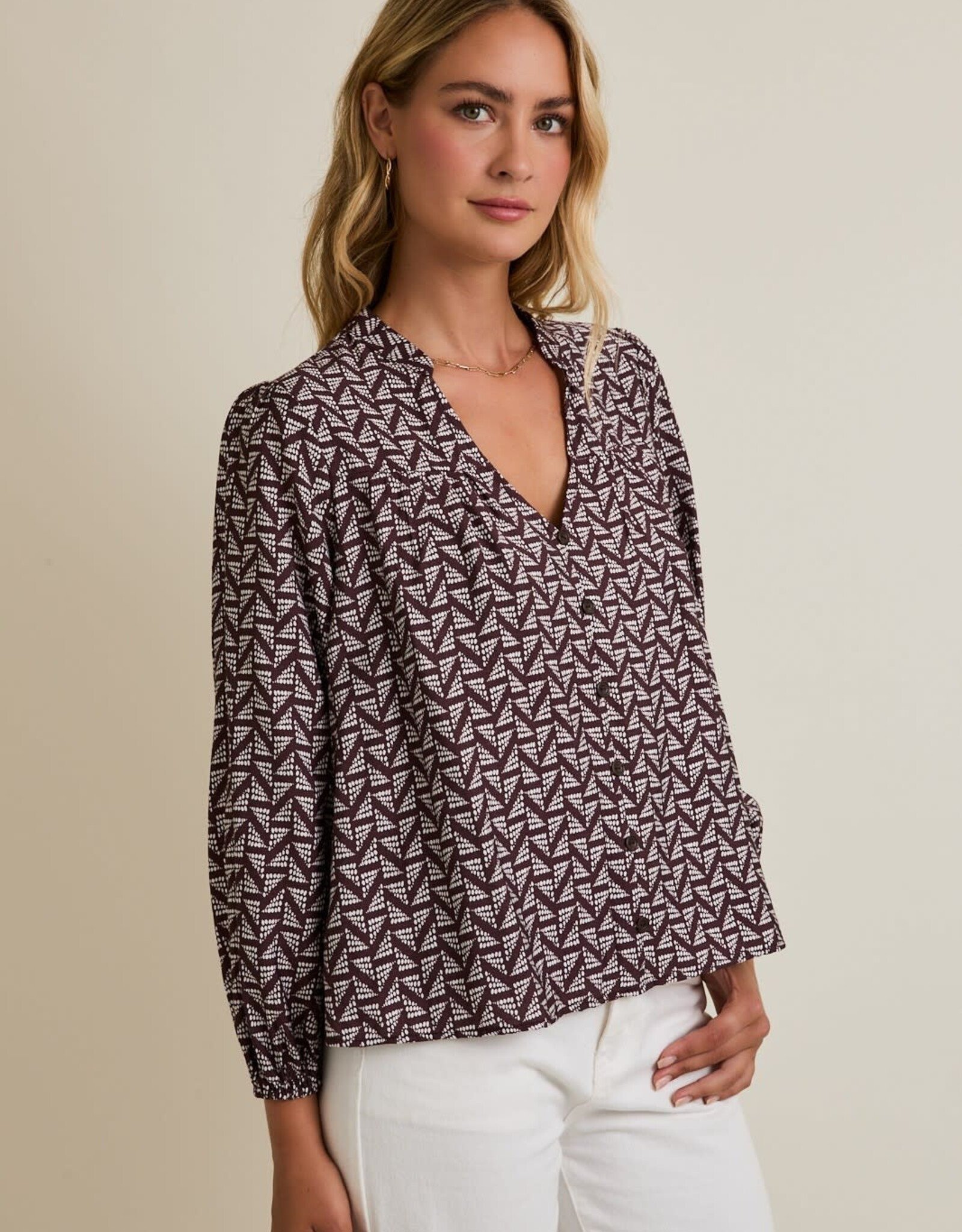 Miss Bliss Gilli Notch Nck Puff Ls Button Up Abstract Top-Brown/Ivo