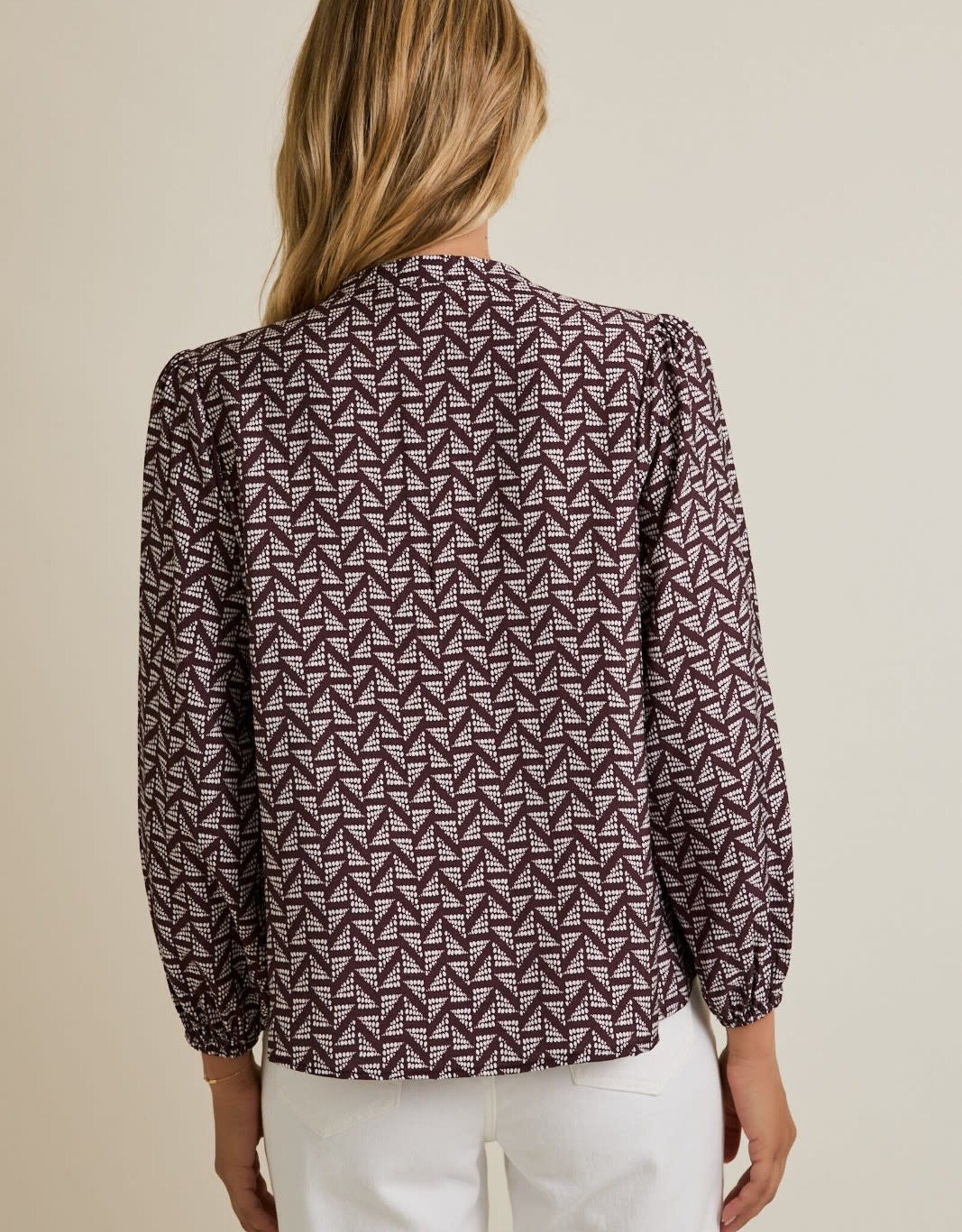 Miss Bliss Gilli Notch Nck Puff Ls Button Up Abstract Top-Brown/Ivo