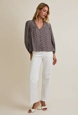 Miss Bliss Gilli Notch Nck Puff Ls Button Up Abstract Top-Brown/Ivo