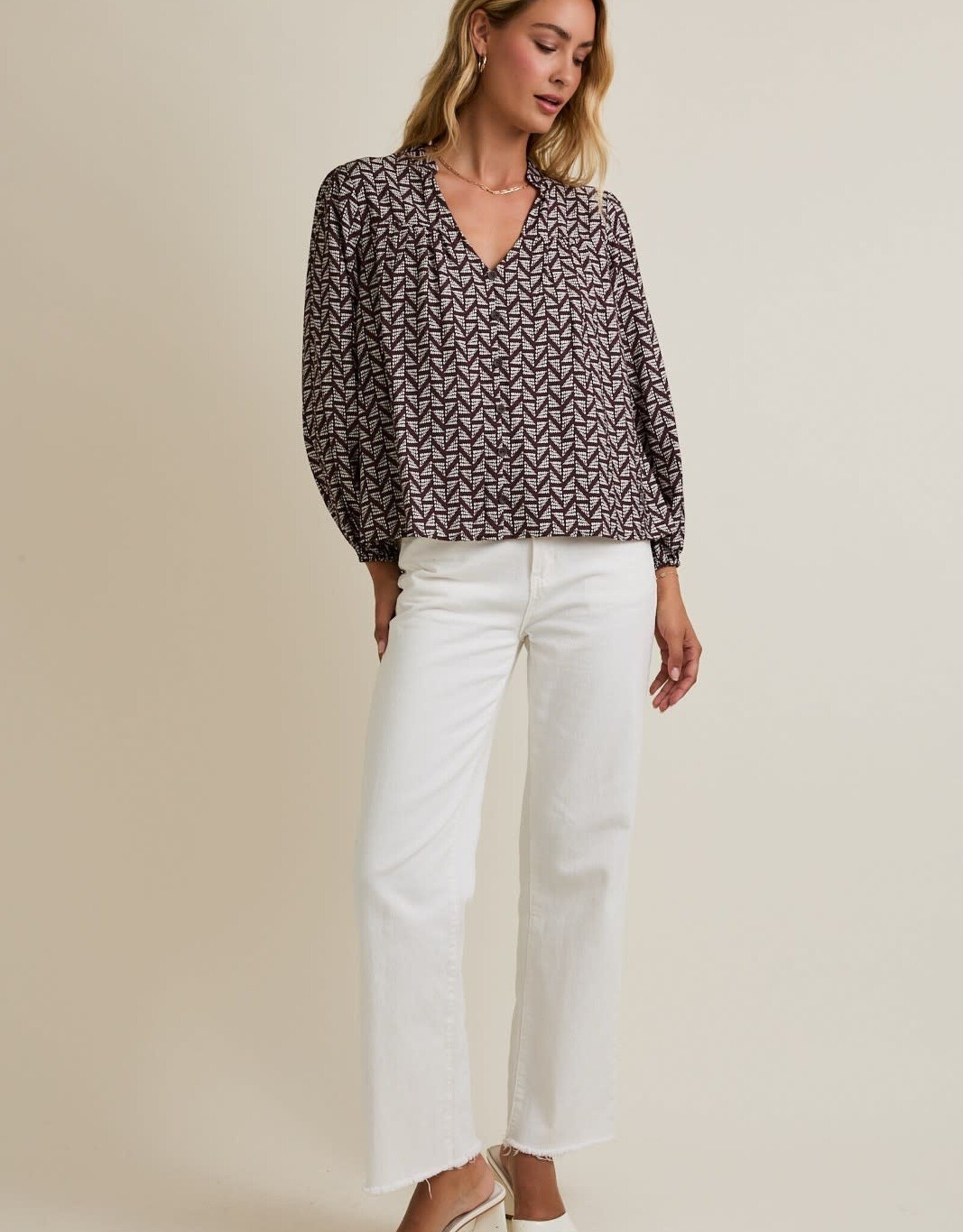 Miss Bliss Gilli Notch Nck Puff Ls Button Up Abstract Top-Brown/Ivo