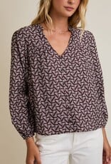 Miss Bliss Gilli Notch Nck Puff Ls Button Up Abstract Top-Brown/Ivo