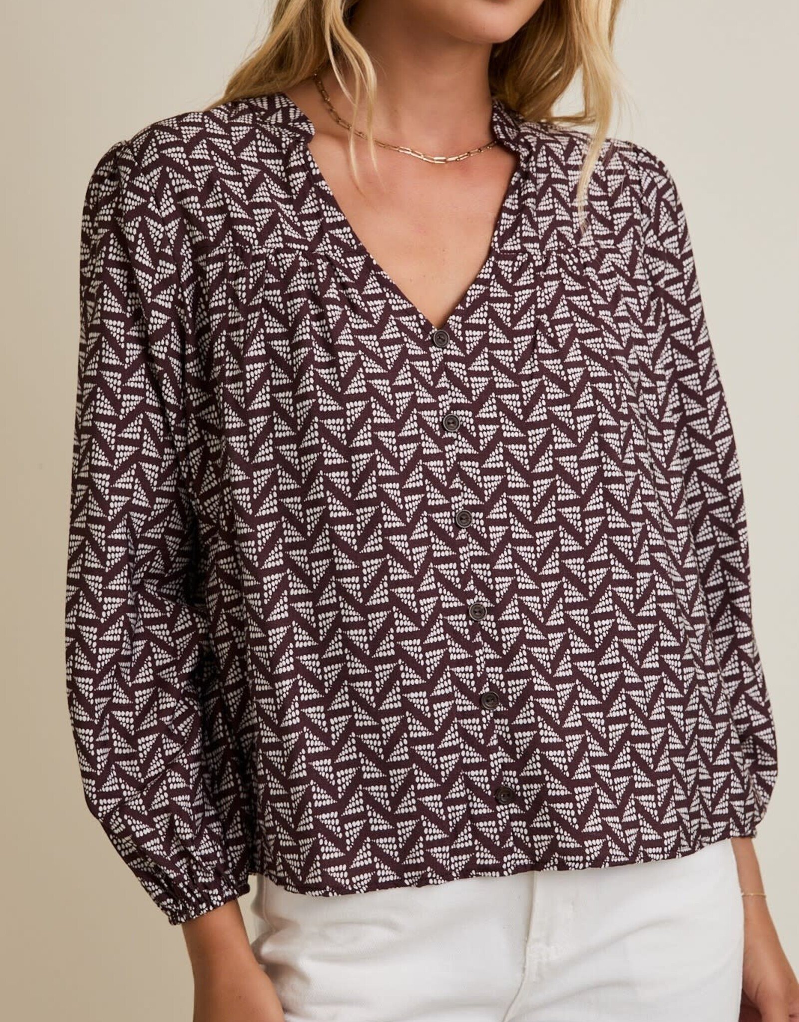 Miss Bliss Gilli Notch Nck Puff Ls Button Up Abstract Top-Brown/Ivo