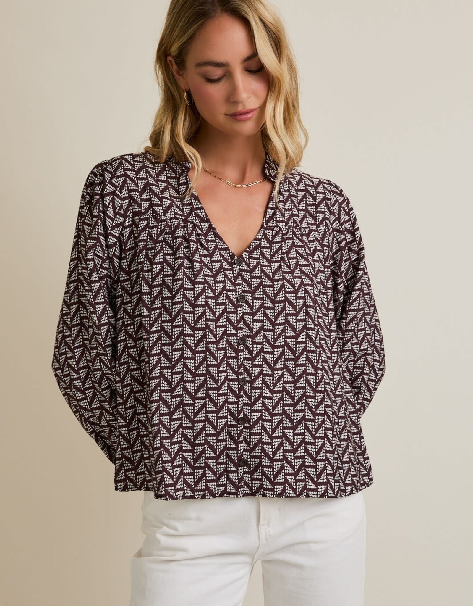 Miss Bliss Gilli Notch Nck Puff Ls Button Up Abstract Top-Brown/Ivo