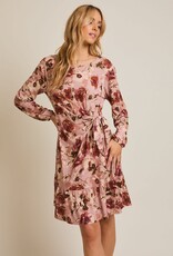 Miss Bliss Gilli R Neck Ls Side Tie Floral Dress-Mauve Floral