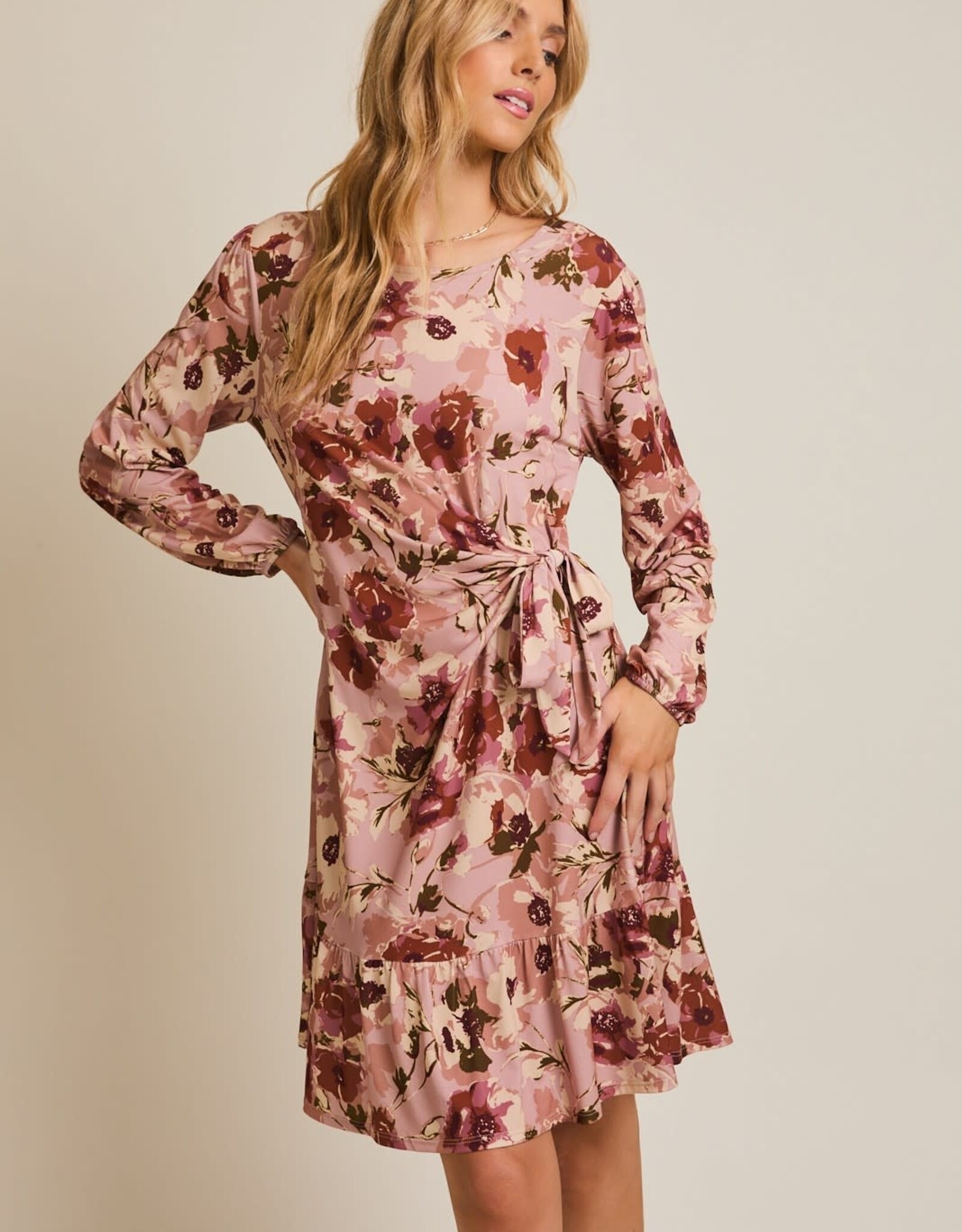 Miss Bliss Gilli R Neck Ls Side Tie Floral Dress-Mauve Floral