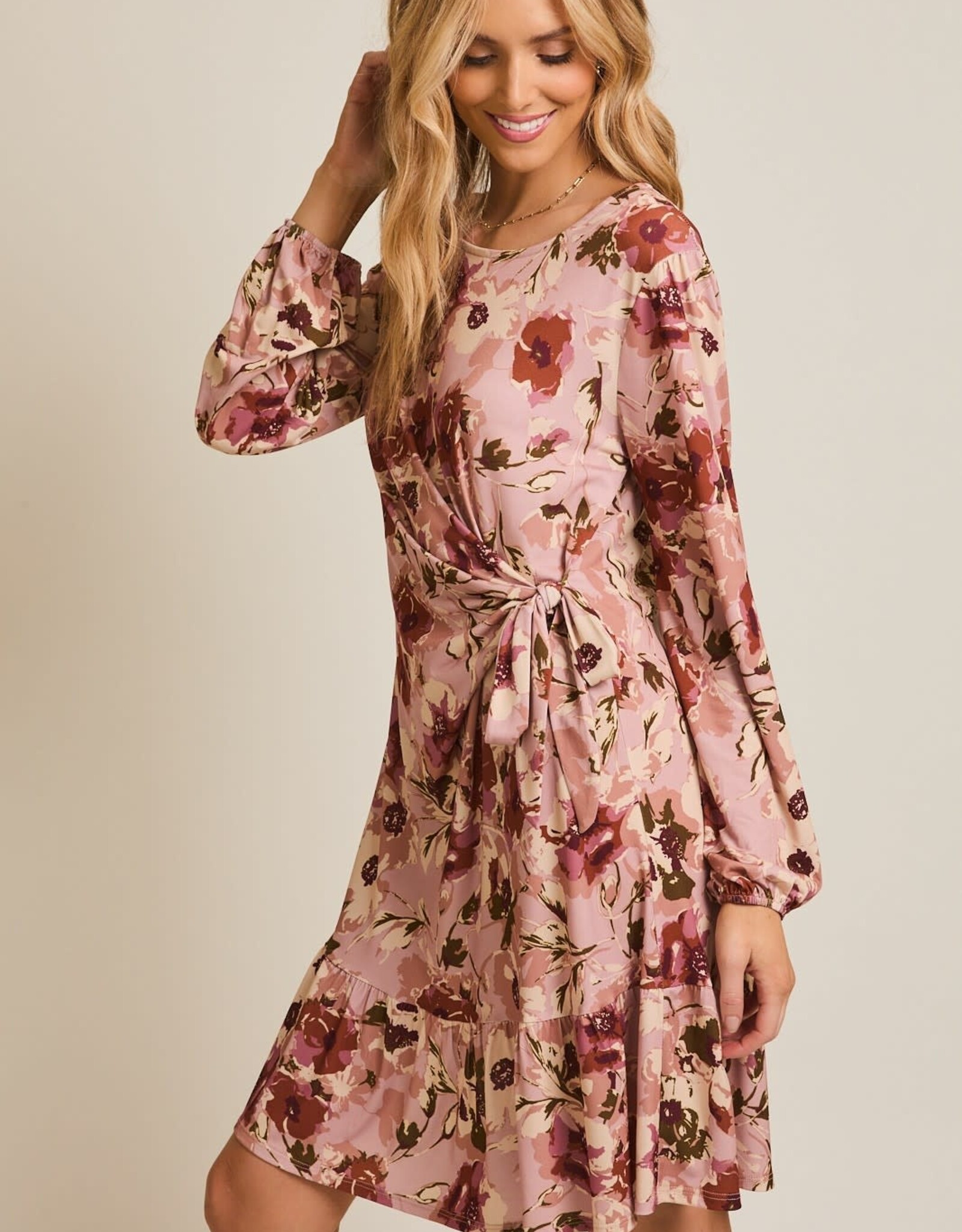 Miss Bliss Gilli R Neck Ls Side Tie Floral Dress-Mauve Floral