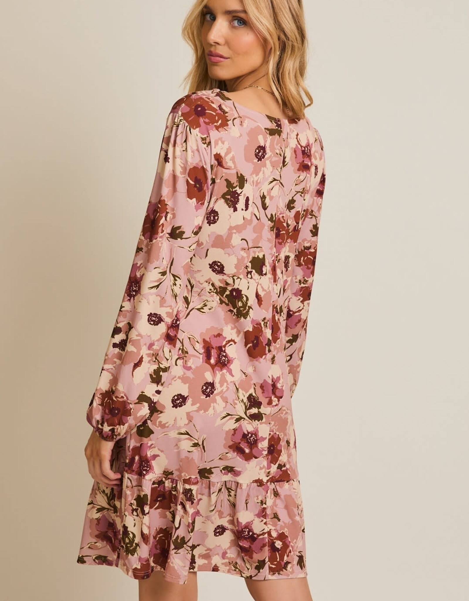 Miss Bliss Gilli R Neck Ls Side Tie Floral Dress-Mauve Floral