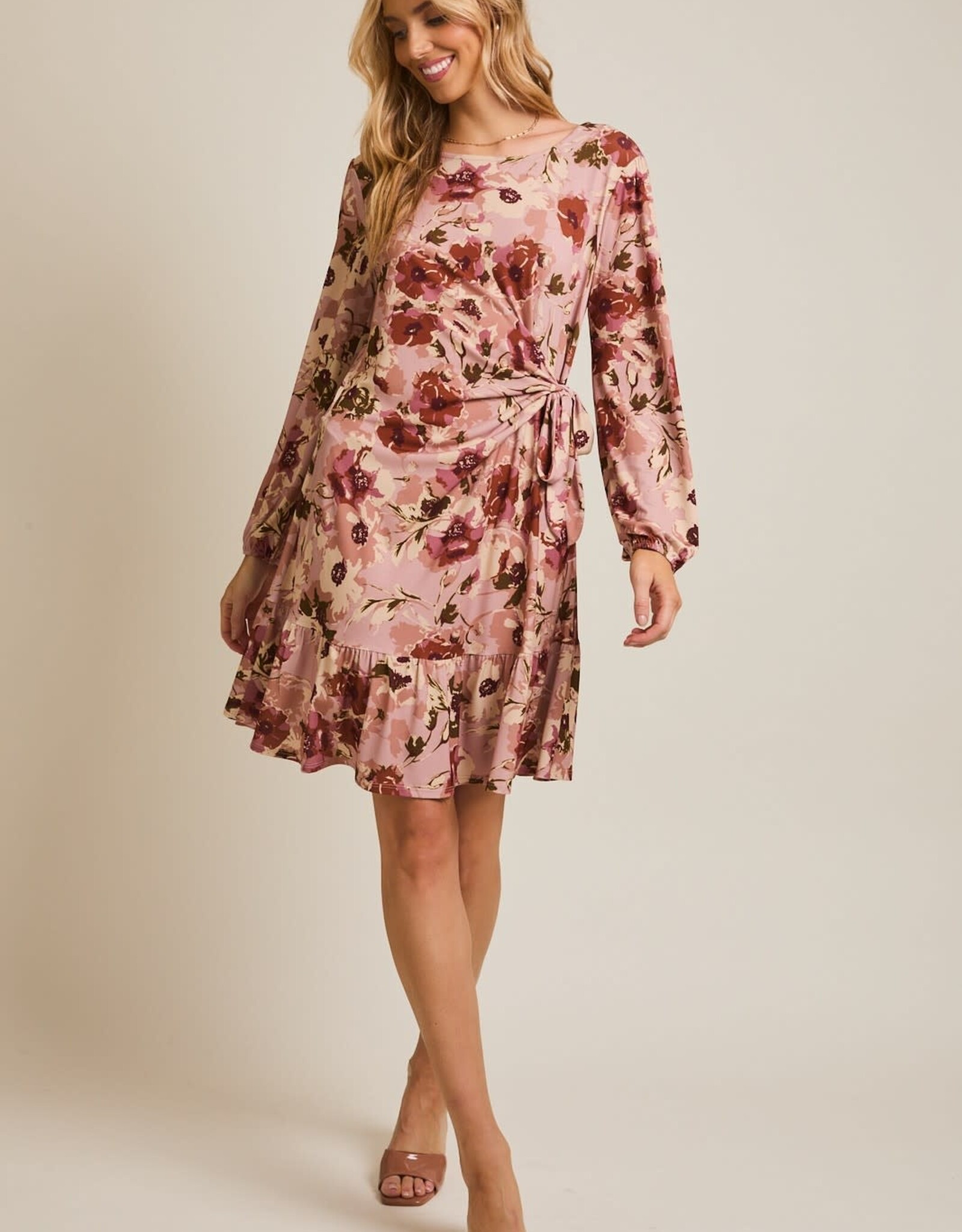 Miss Bliss Gilli R Neck Ls Side Tie Floral Dress-Mauve Floral