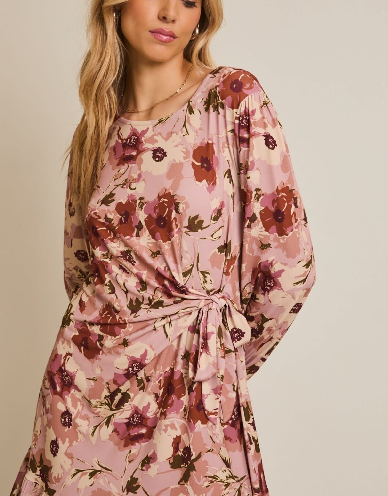 Miss Bliss Gilli R Neck Ls Side Tie Floral Dress-Mauve Floral