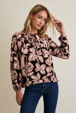 Miss Bliss Gilli Front Tie Puff Long Sleeve Floral Top-Blk/Mauve