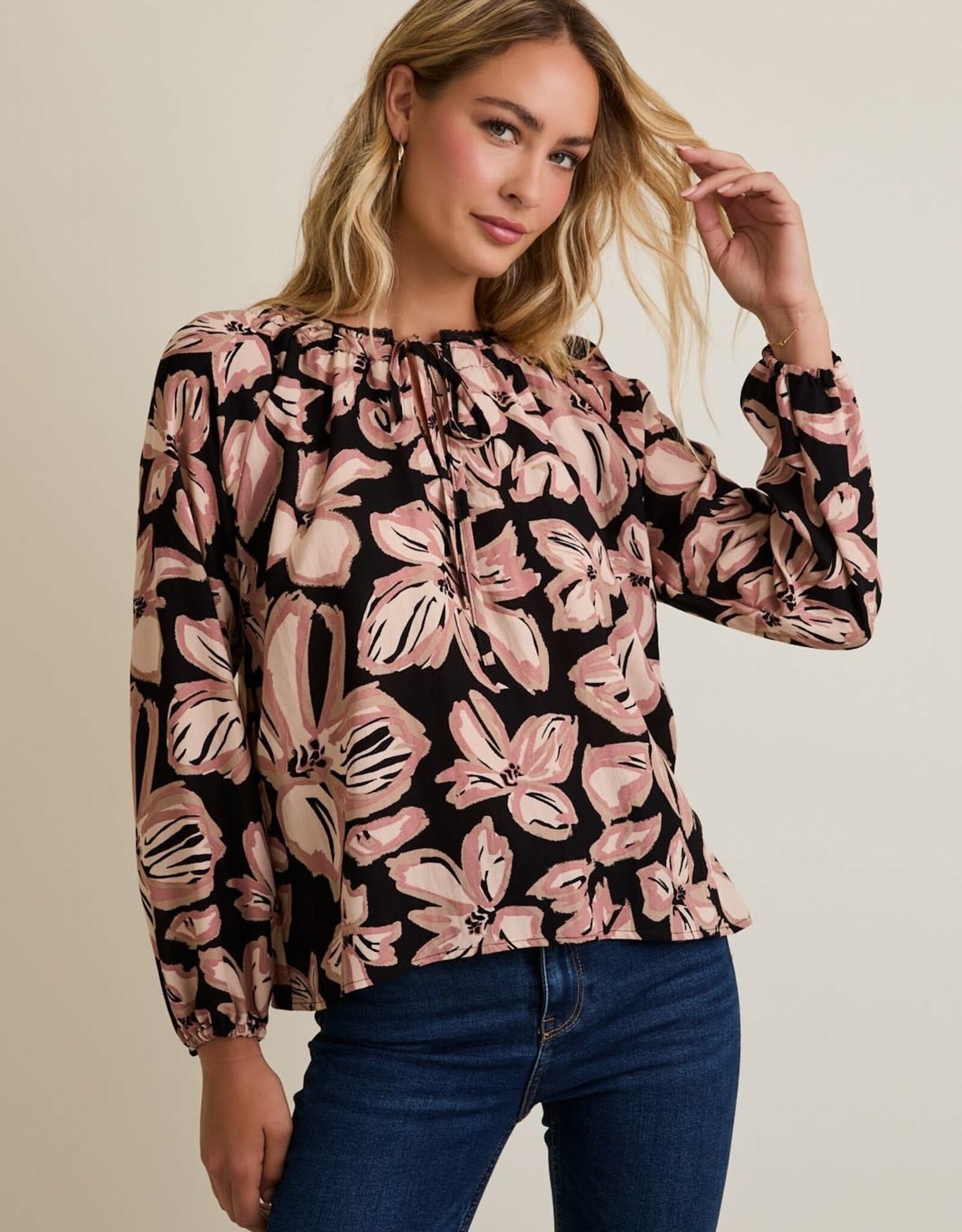 Miss Bliss Gilli Front Tie Puff Long Sleeve Floral Top-Blk/Mauve