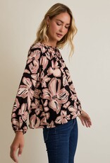 Miss Bliss Gilli Front Tie Puff Long Sleeve Floral Top-Blk/Mauve